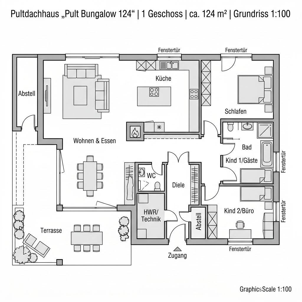 Grundriss Pult Bungalow 124 – 124 m² Pultdachhaus mit 4 Zimmern