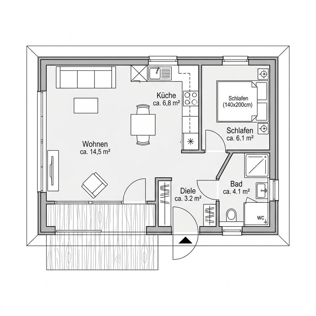 Grundriss FlyingSpace Tiny 34 – 34 m² Tiny House mit 2 Zimmern