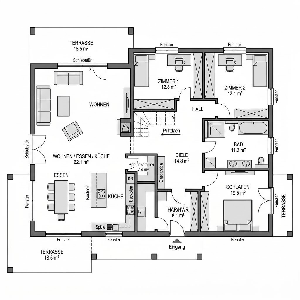 Grundriss PultVista Bungalow 138 von Sonnleitner Holzbauwerke — 138 m², 4 Zimmer