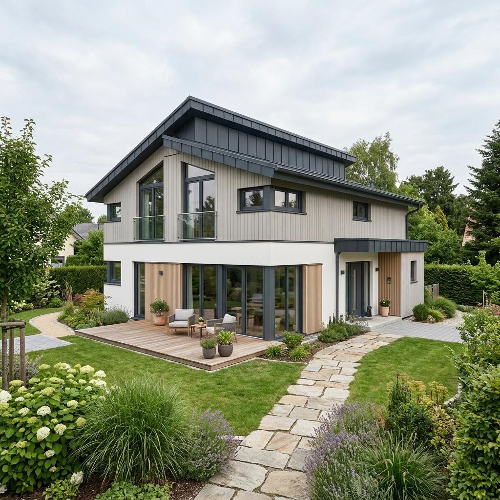 Pultdachhaus PultWeit 158 von Sonnleitner mit versetztem Holzdach und Solarfläche
