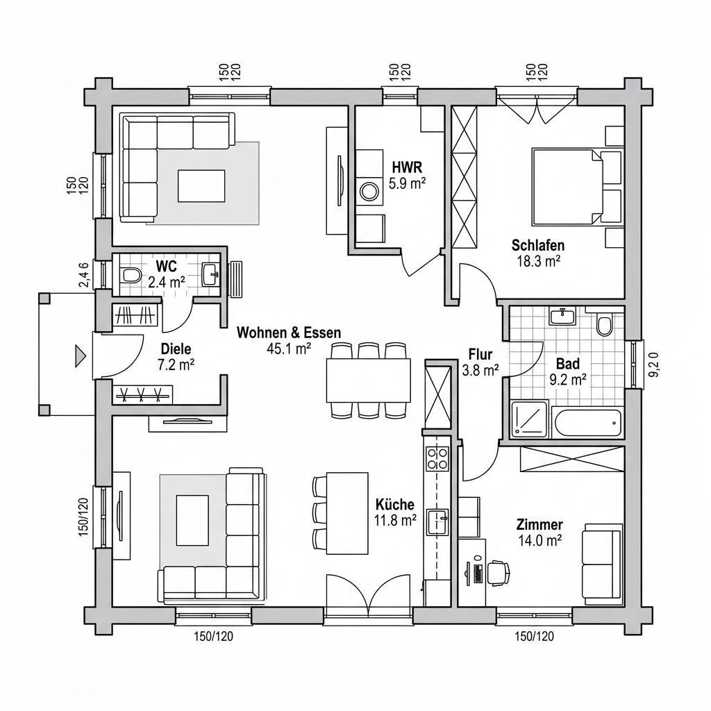 Grundriss Birke 110 – 110 m² Blockhaus mit 4 Zimmern