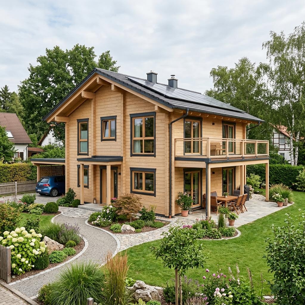 Massivholz-Blockhaus Eiche 160 von Stommel Haus für große Familien mit Satteldach