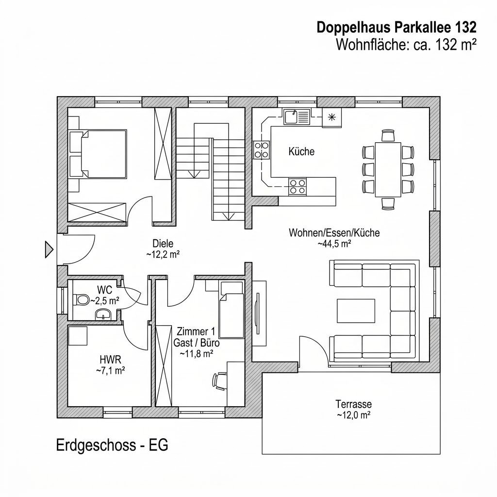 Grundriss Doppelhaus Parkallee 132 – 132 m² Doppelhaus mit 5 Zimmern