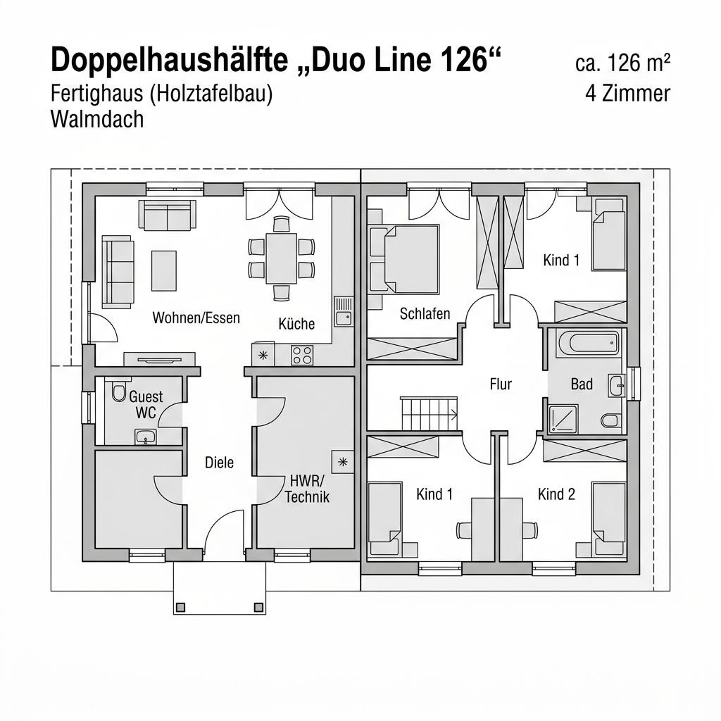 Grundriss Duo Line 126 – 126 m² Doppelhaushälfte mit 4 Zimmern