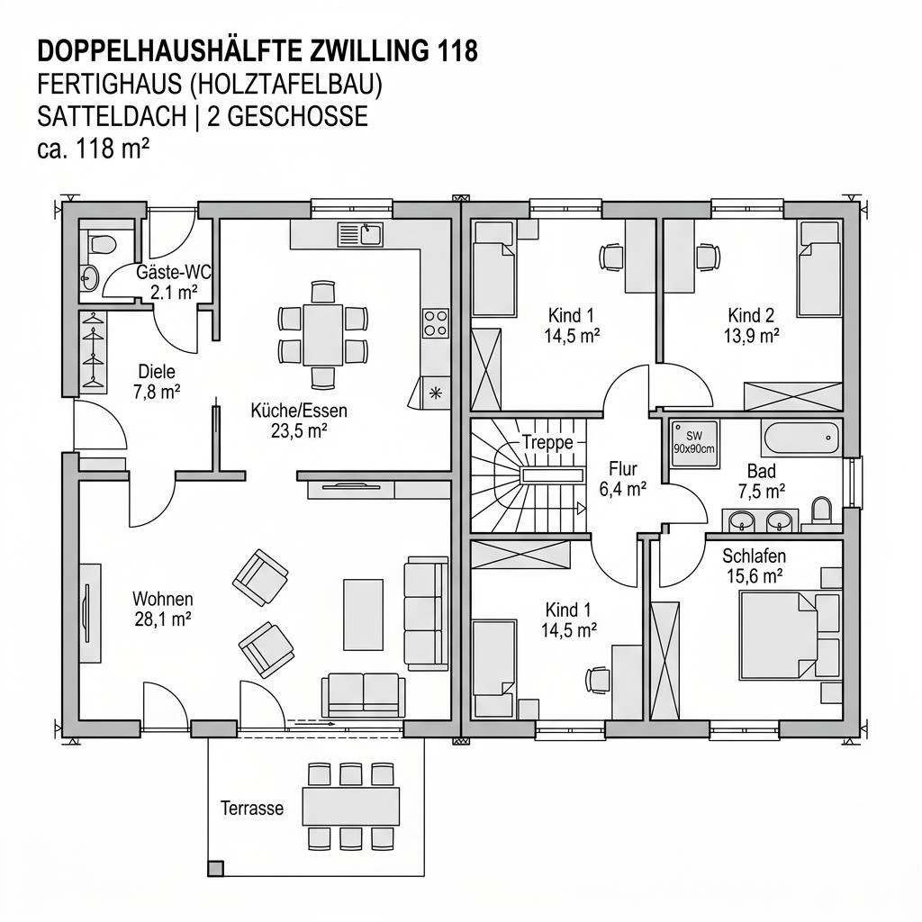 Grundriss Zwilling 118 – 118 m² Doppelhaushälfte mit 4 Zimmern