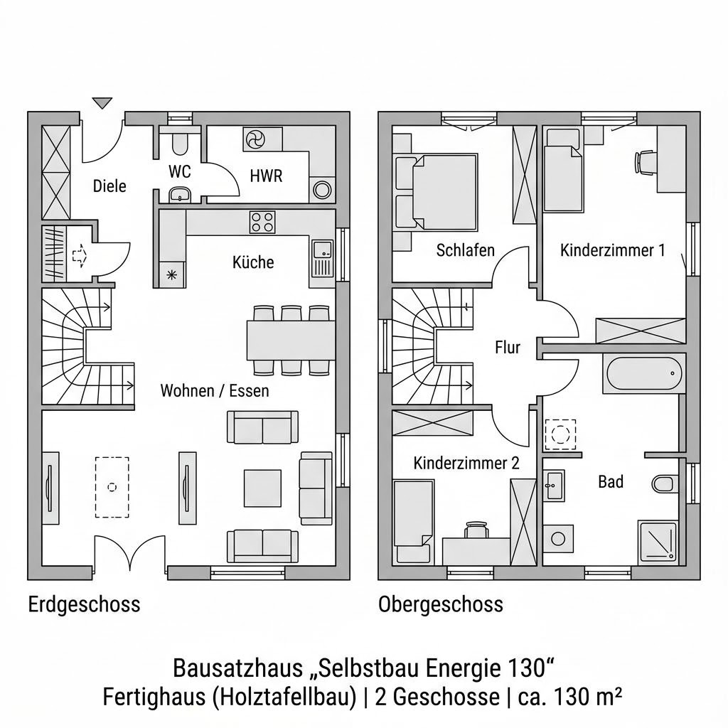 Grundriss Selbstbau Energie 130 – 130 m² Bausatzhaus mit 5 Zimmern