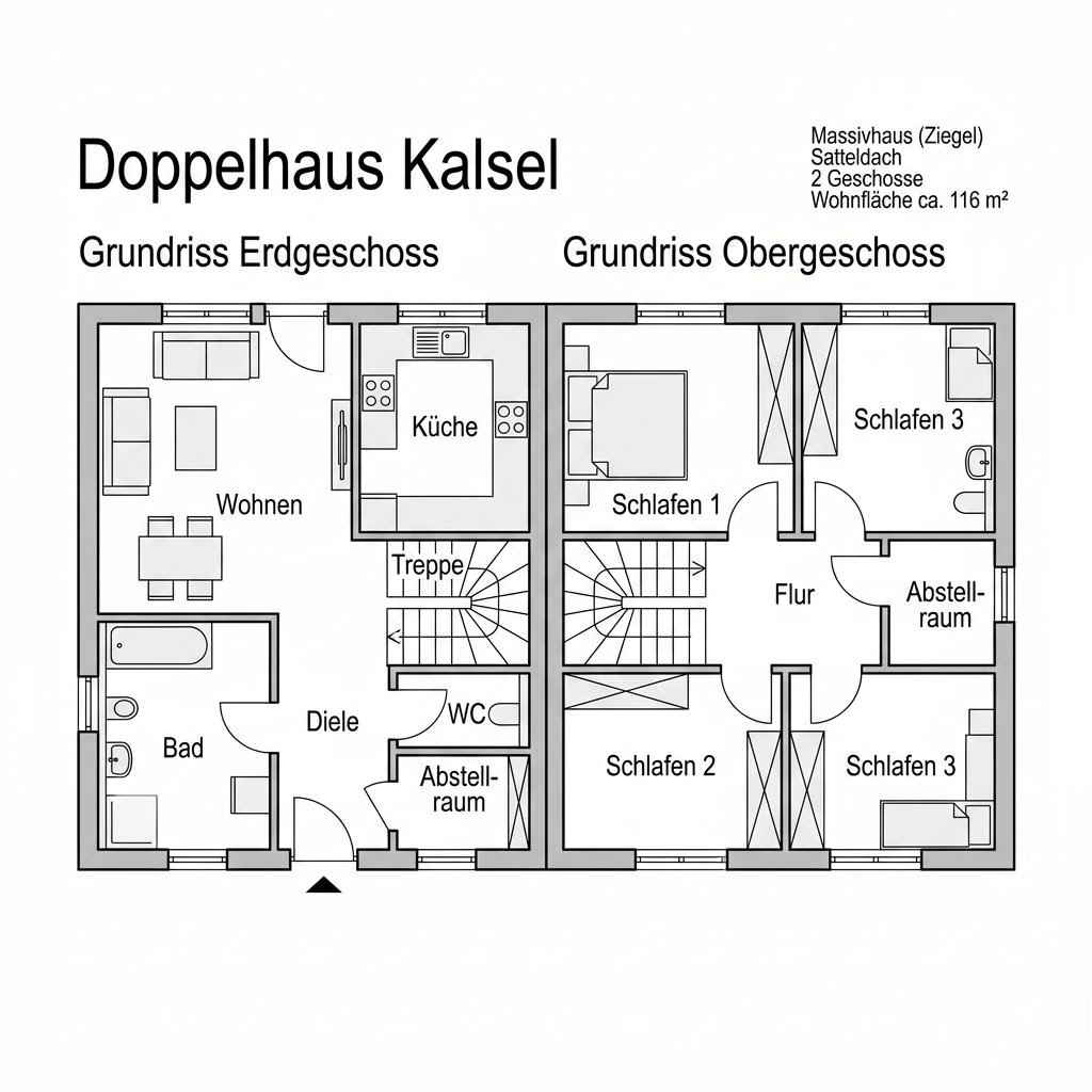 Grundriss Doppelhaus Kassel – 116 m² Doppelhaushälfte mit 4 Zimmern