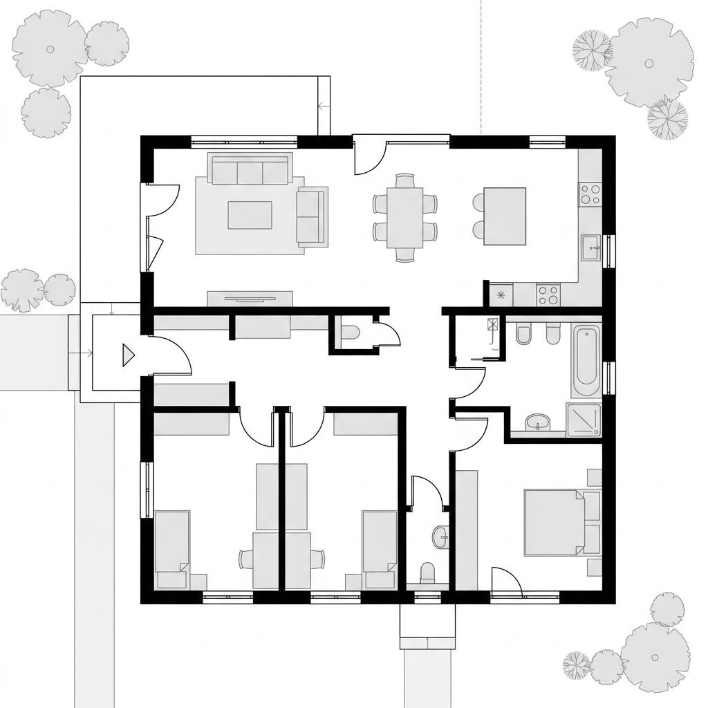 Grundriss Winkelbungalow Sonnenwinkel 142 – 142 m² Winkelbungalow mit 4 Zimmern