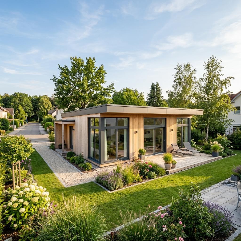 Erweiterbares Modulhaus Flex Plus 84 von variohaus mit Flachdach