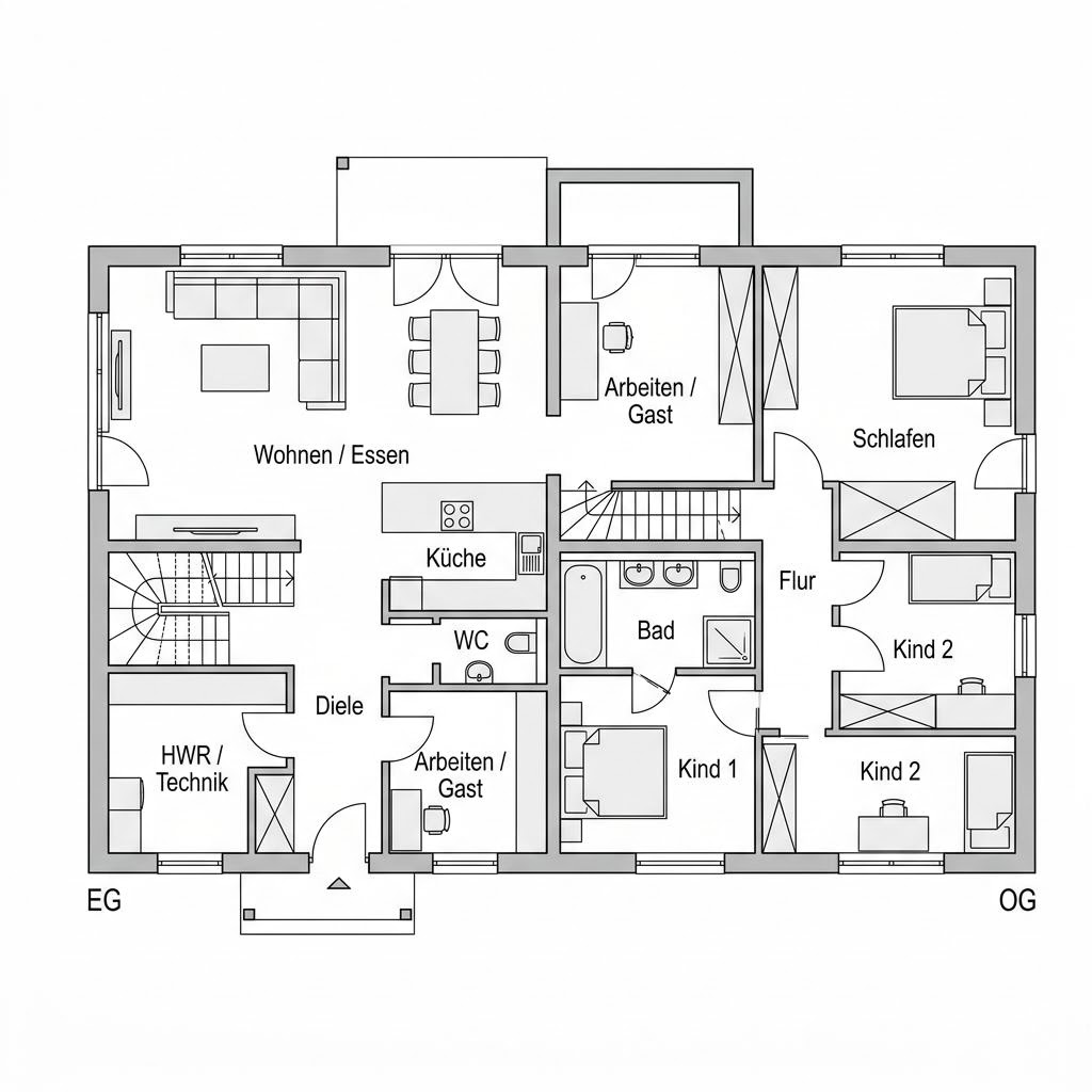 Grundriss Flatline 178 Stadtvilla von Wagener Systemhausbau — 178 m², 6 Zimmer