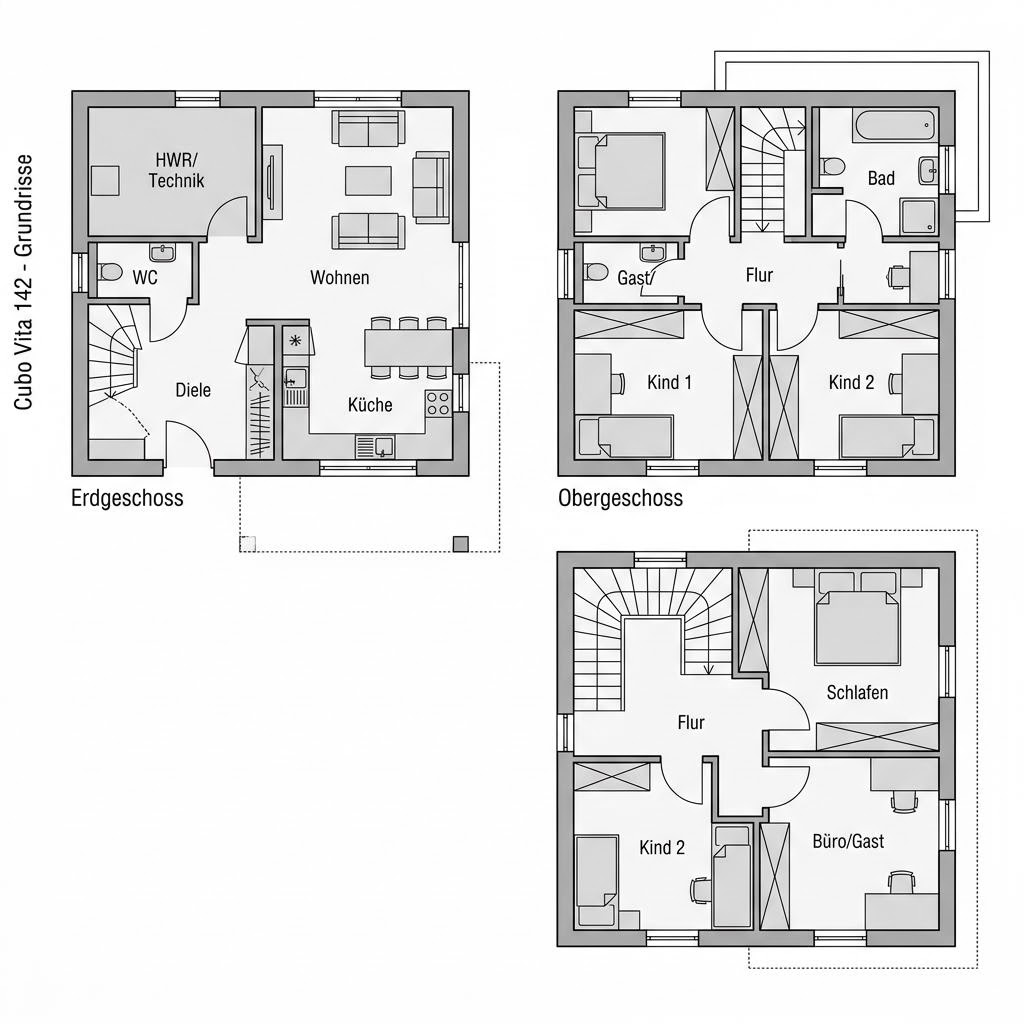 Grundriss Cubo Vita 142 – 142 m² Kubushaus mit 4 Zimmern