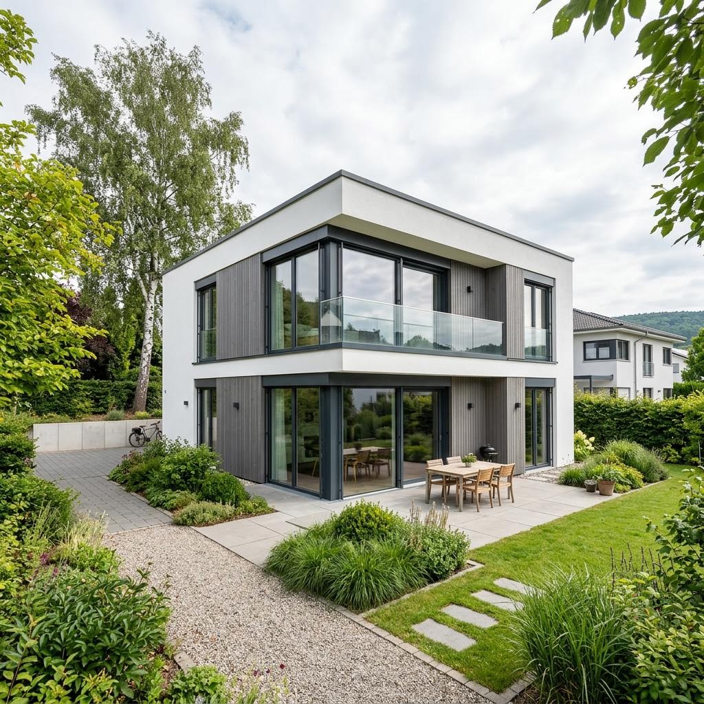 Kubushaus Kubus Eos 140 von WeberHaus mit Flachdach und bodentiefen Fenstern
