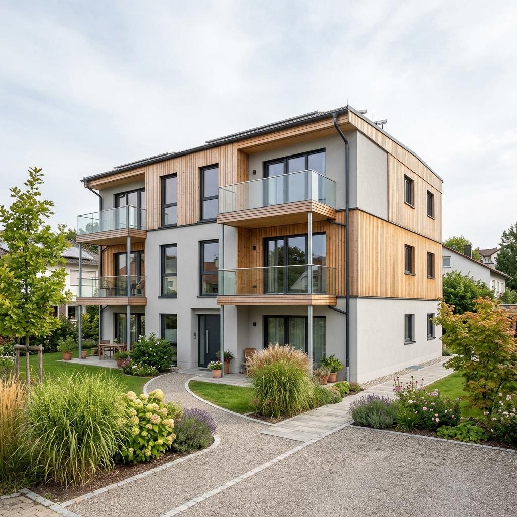 Mehrfamilienhaus Multi mit vier Wohneinheiten von WeberHaus mit Flachdach — Holzfertighaus mit 360 m²