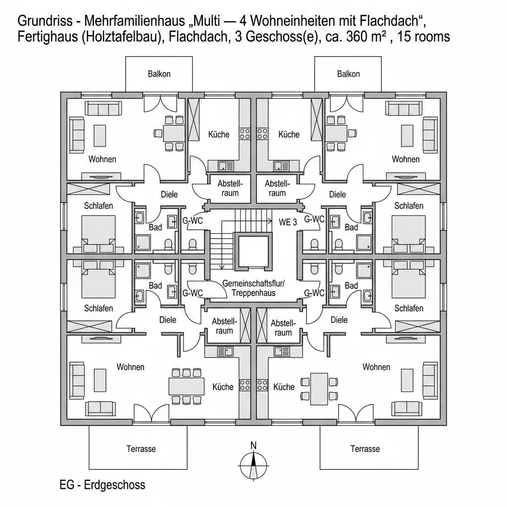 Grundriss Multi — 4 Wohneinheiten mit Flachdach von WeberHaus — 360 m², 15 Zimmer