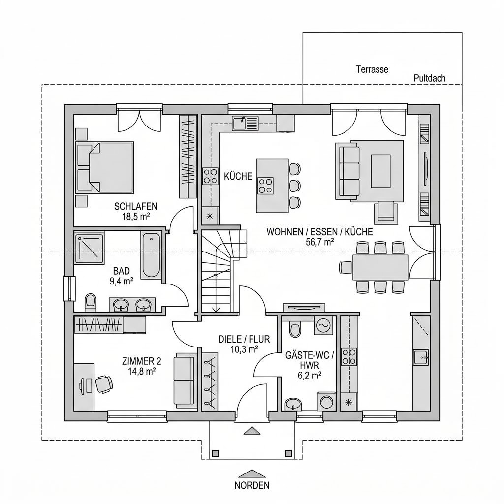 Grundriss Pult Bungalow Solar 118 – 118 m² Pultdachhaus mit 3 Zimmern