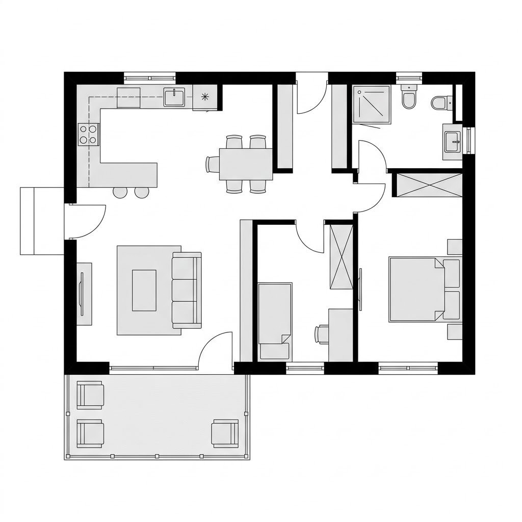 Grundriss Modulhaus Autark Plus 58 von wohnwagon — 58 m², 2 Zimmer