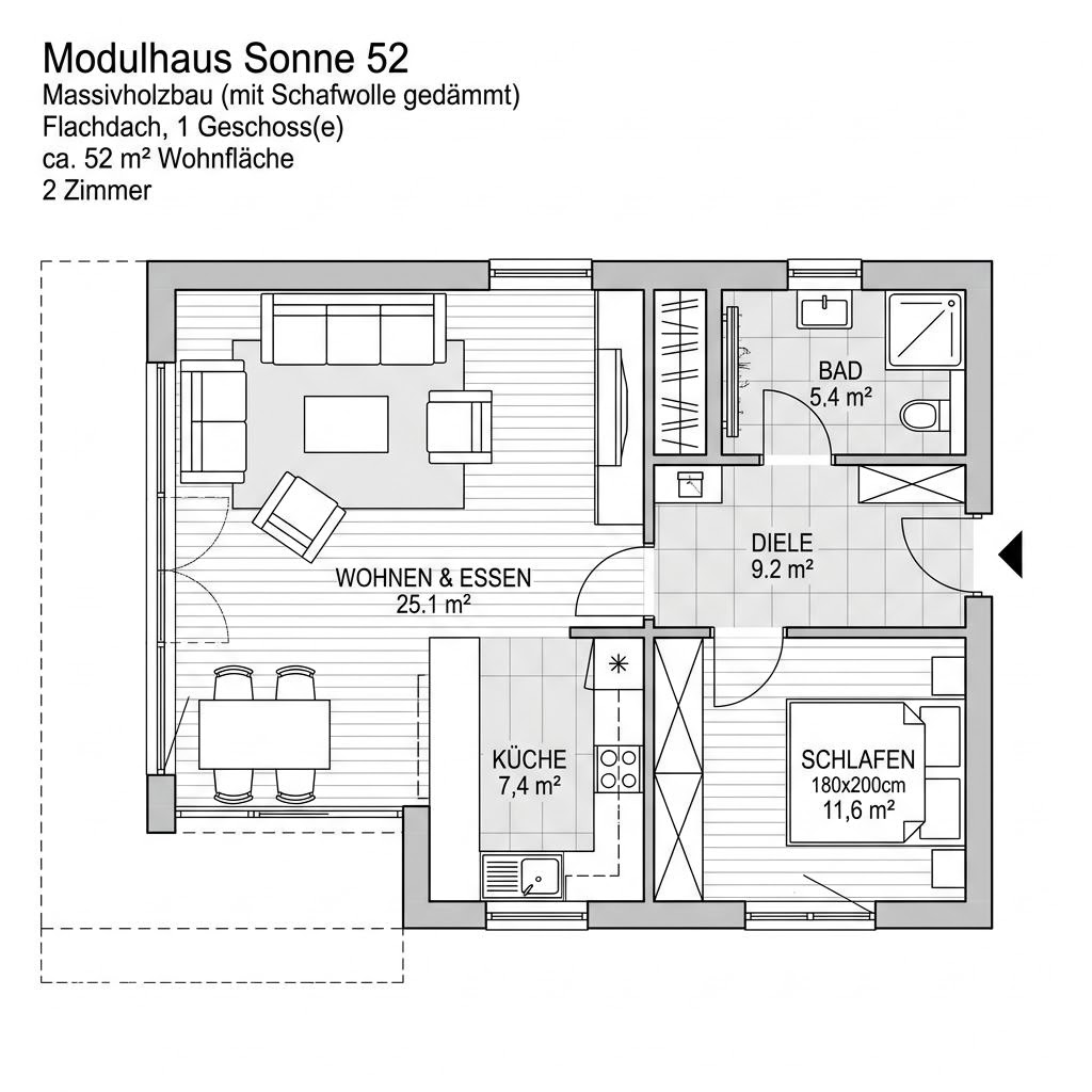 Grundriss Modulhaus Sonne 52 von Wohnwagon — 52 m², 2 Zimmer