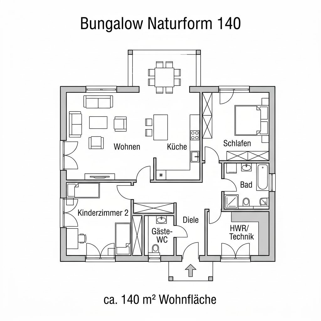 Grundriss Bungalow Naturform 140 – 140 m² Bungalow mit 5 Zimmern