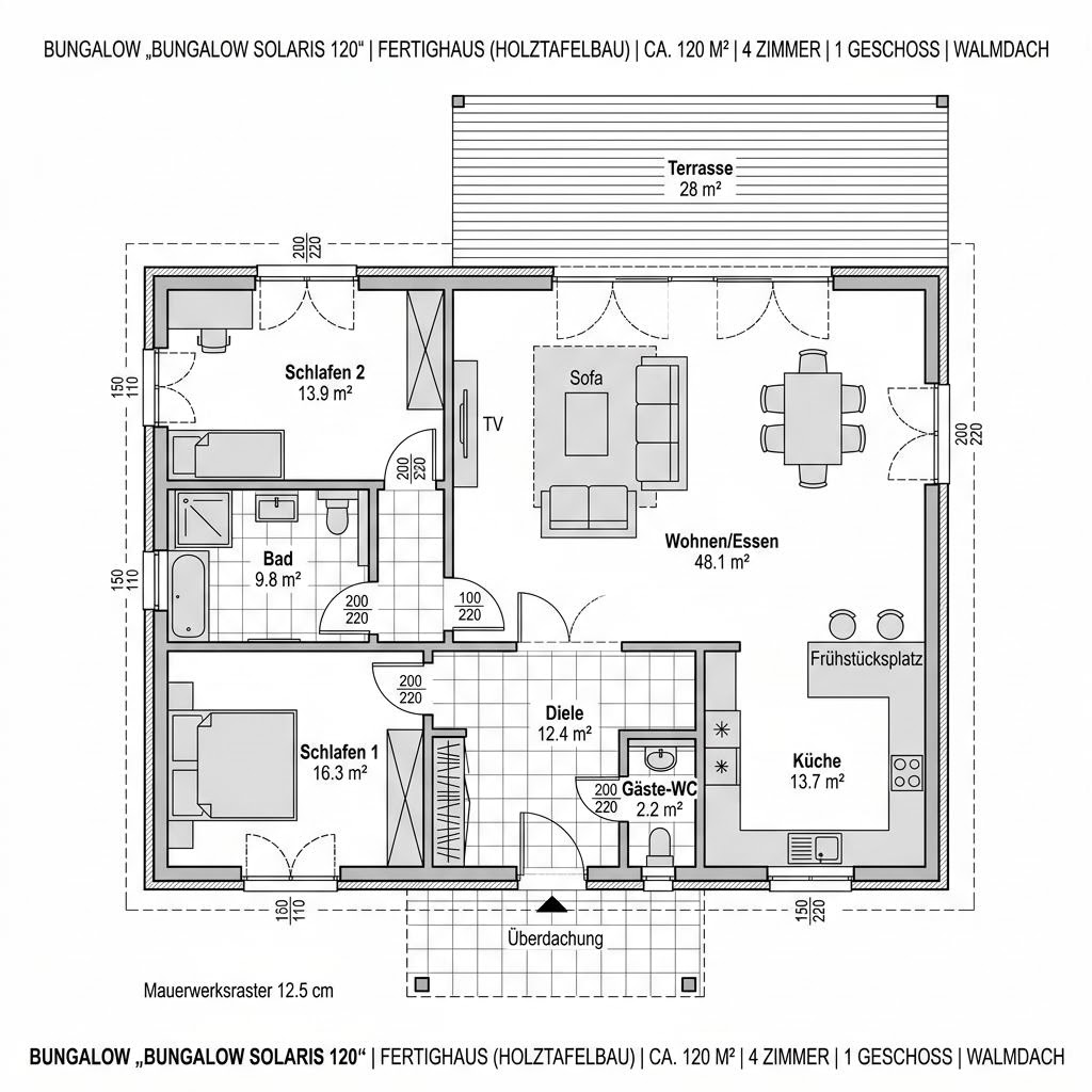 Grundriss Bungalow Solaris 120 – 120 m² Bungalow mit 4 Zimmern