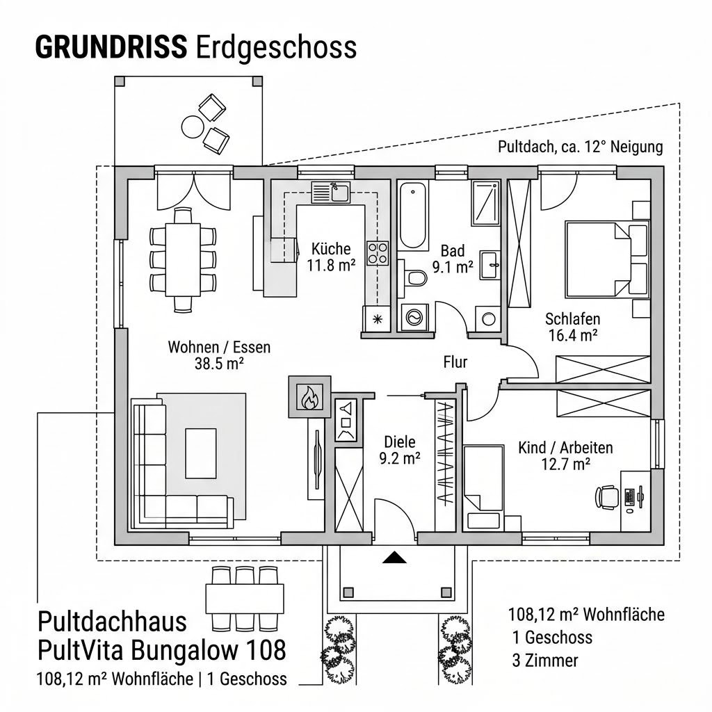 Grundriss PultVita Bungalow 108 – 108 m² Pultdachhaus mit 3 Zimmern