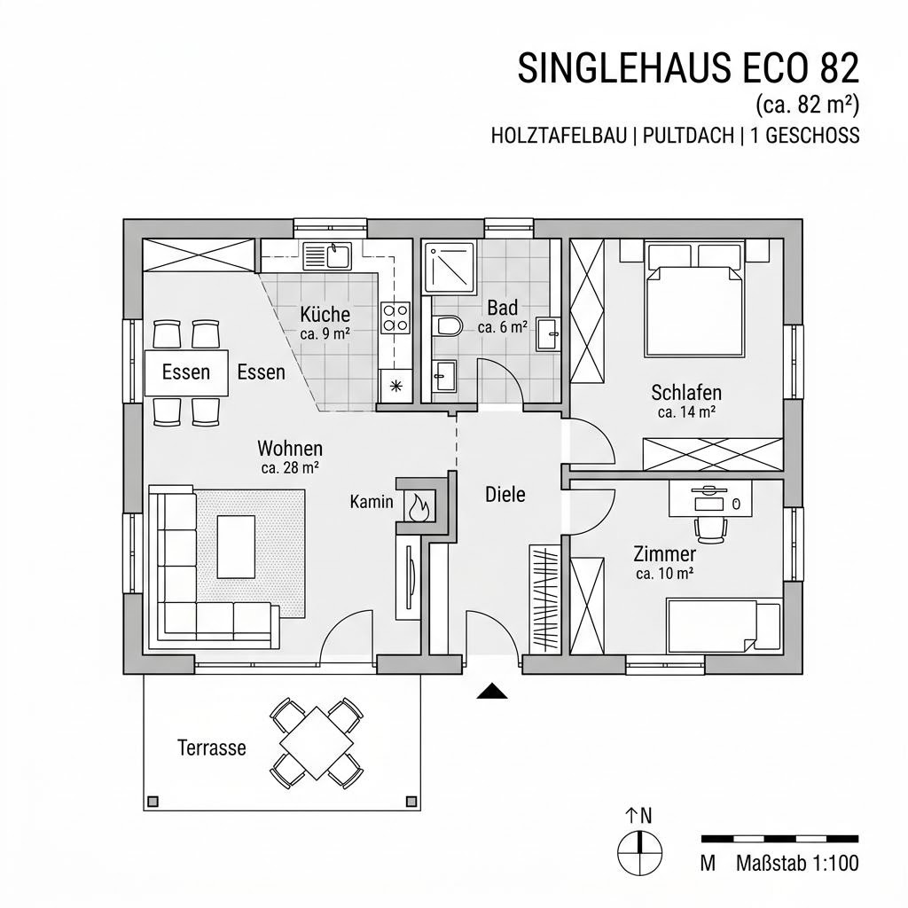 Grundriss Singlehaus Eco 82 von WOLF-HAUS — 82 m², 3 Zimmer