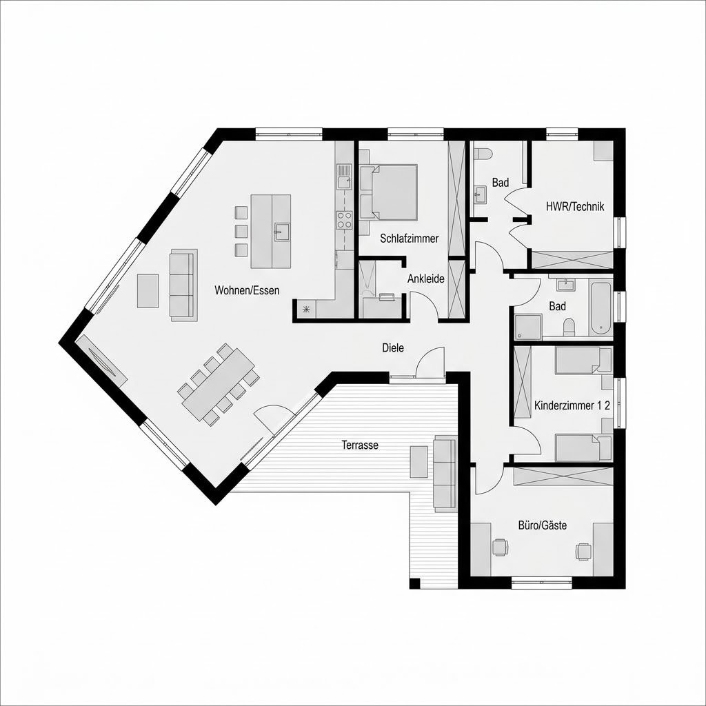 Grundriss Winkelbungalow Gartenwinkel 152 – 152 m² Winkelbungalow mit 5 Zimmern