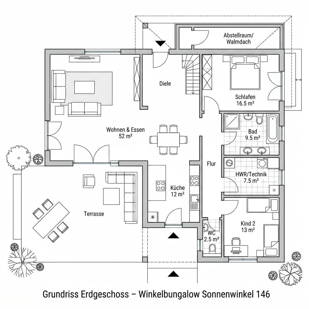 Grundriss Winkelbungalow Sonnenwinkel 146 – 146 m² Winkelbungalow mit 5 Zimmern