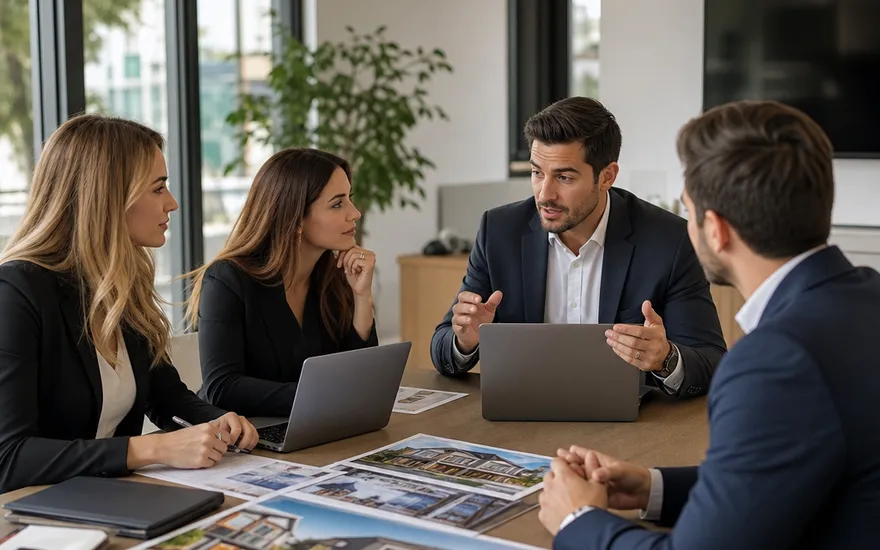 Maklerteam im Fertighaus-Vertrieb bei der Strategieplanung Immobilienmakler-Team im Fertighaus-Vertrieb bespricht Strategie mit Laptops und Hausprospekten im Büro
