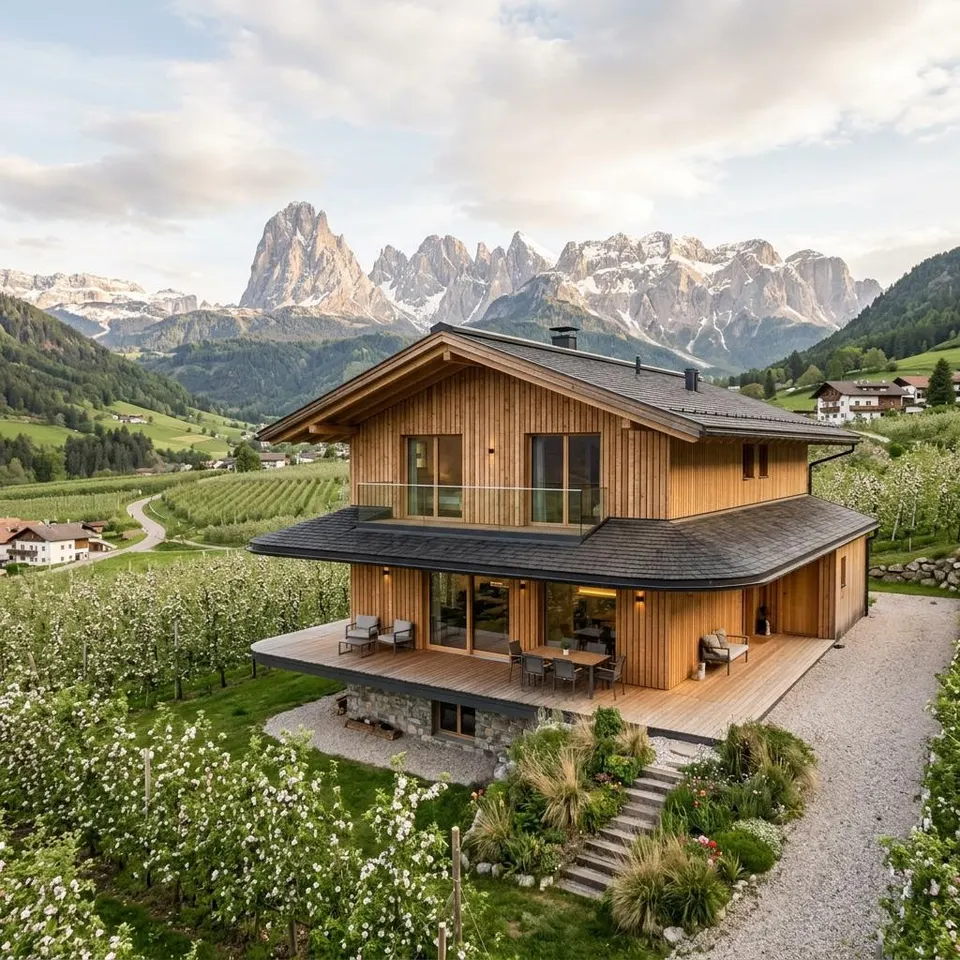 Holz-Fertighaus mit breitem Dachüberstand vor Südtiroler Bergpanorama in Italien – Fertighaus bauen in Italien 2026