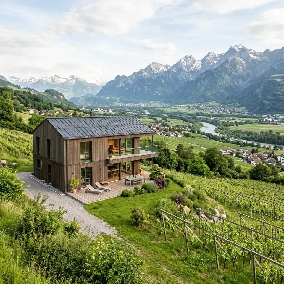 Holz-Fertighaus am Hang im Liechtensteiner Rheintal mit Blick auf die Berge – Fertighaus bauen in Liechtenstein 2026
