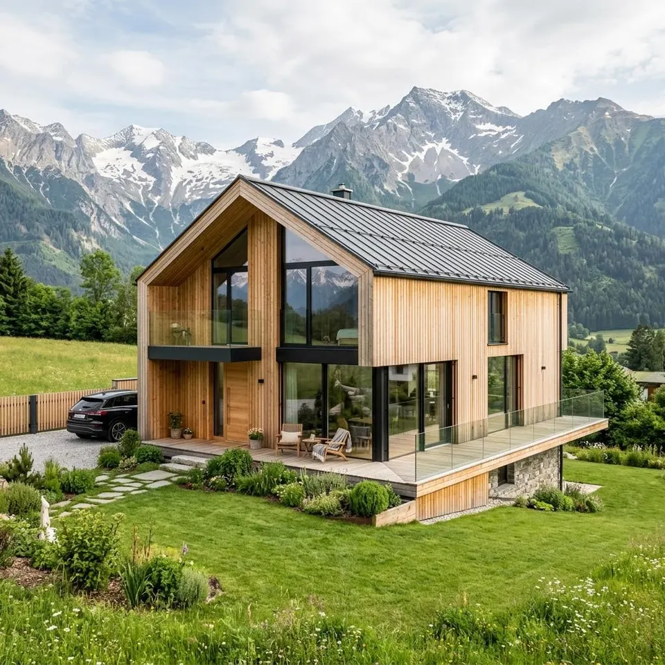 Modernes Holz-Fertighaus mit Satteldach vor Alpenkulisse in Österreich – Fertighaus bauen in Österreich 2026