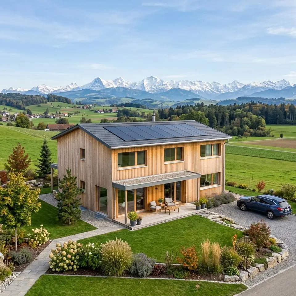 MINERGIE-Fertighaus mit Holzfassade im Schweizer Mittelland mit Bergpanorama – Fertighaus bauen in der Schweiz 2026