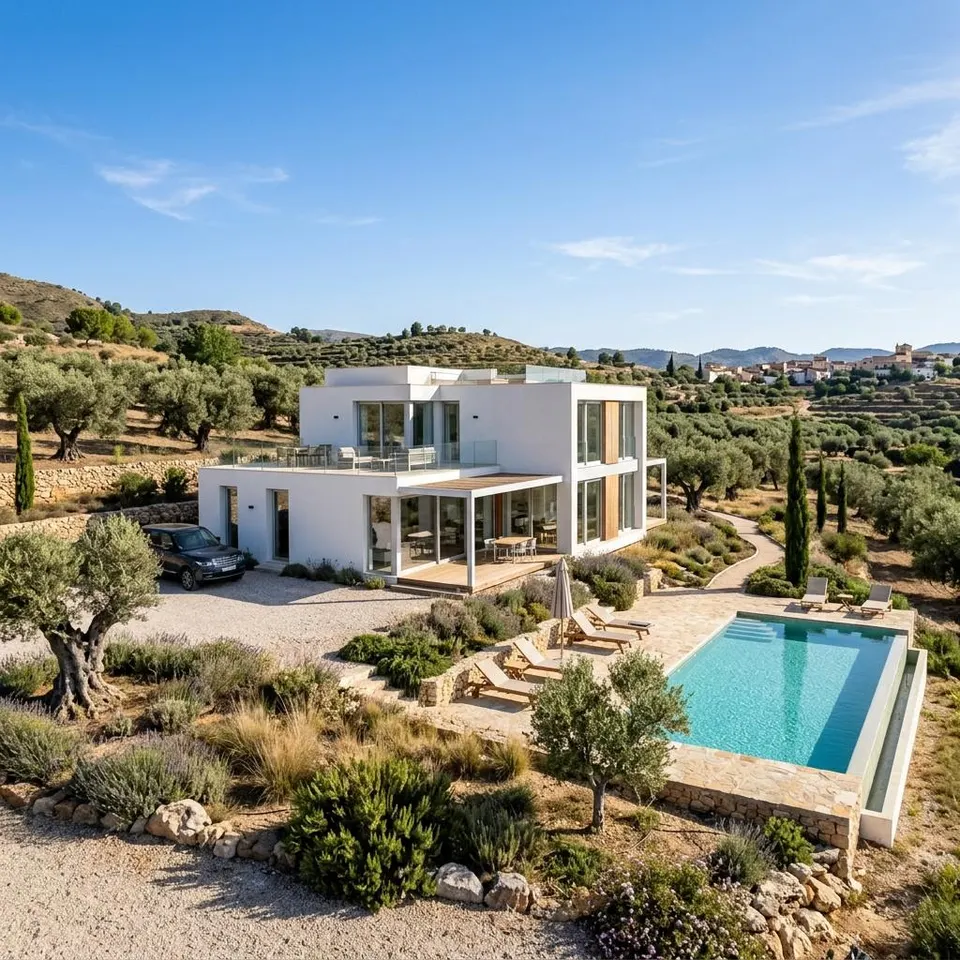 Weißes modernes Modul-Fertighaus mit Flachdach und Pool unter blauem Himmel am Mittelmeer – Fertighaus bauen in Spanien 2026