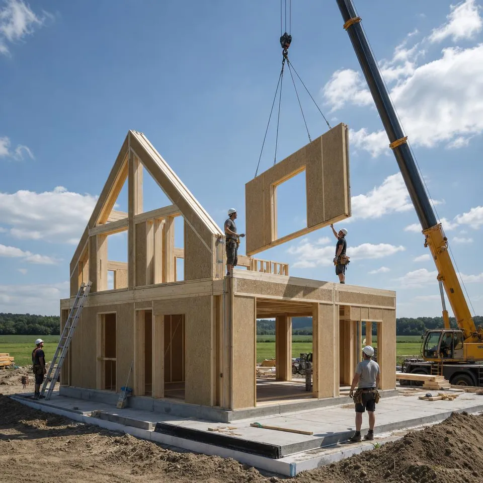 Montage eines Fertighauses aus Polen: Kran hebt vorgefertigtes Wandelement auf den Rohbau – Fertighaus aus Polen 2026 Montage eines Fertighauses aus Polen: Kran hebt vorgefertigtes Wandelement auf den Rohbau – Fertighaus aus Polen 2026