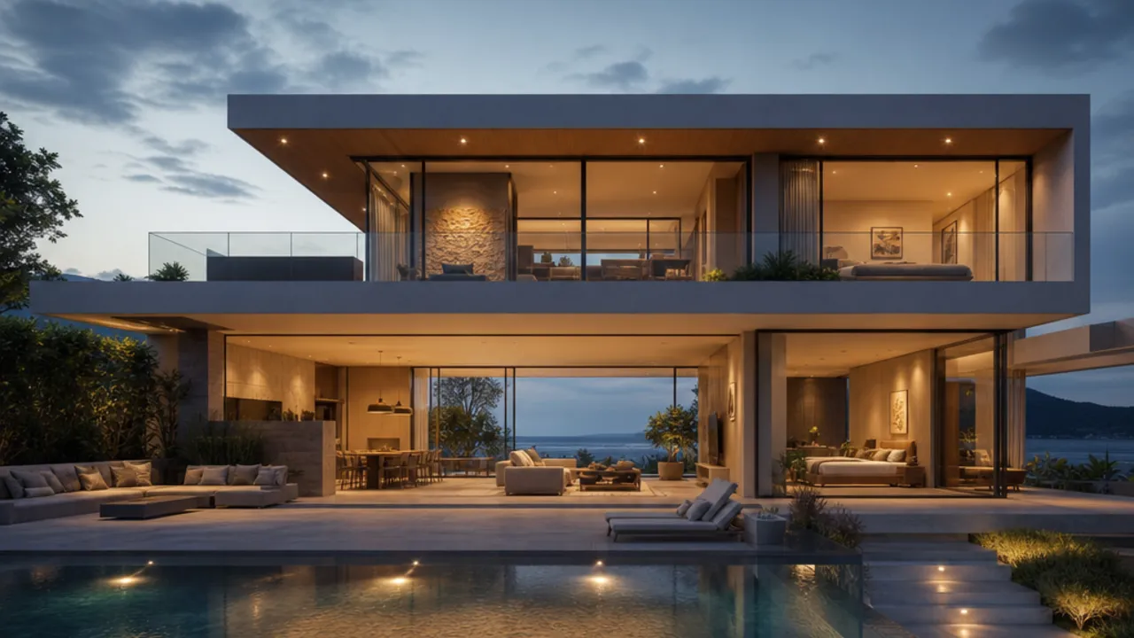 Luxusvilla als Fertighaus mit Pool und Glasfassade Luxus-Fertighaus: moderne Designvilla mit Glasfassade und Infinity-Pool in der Abenddämmerung – Premium-Fertighaus frei geplant