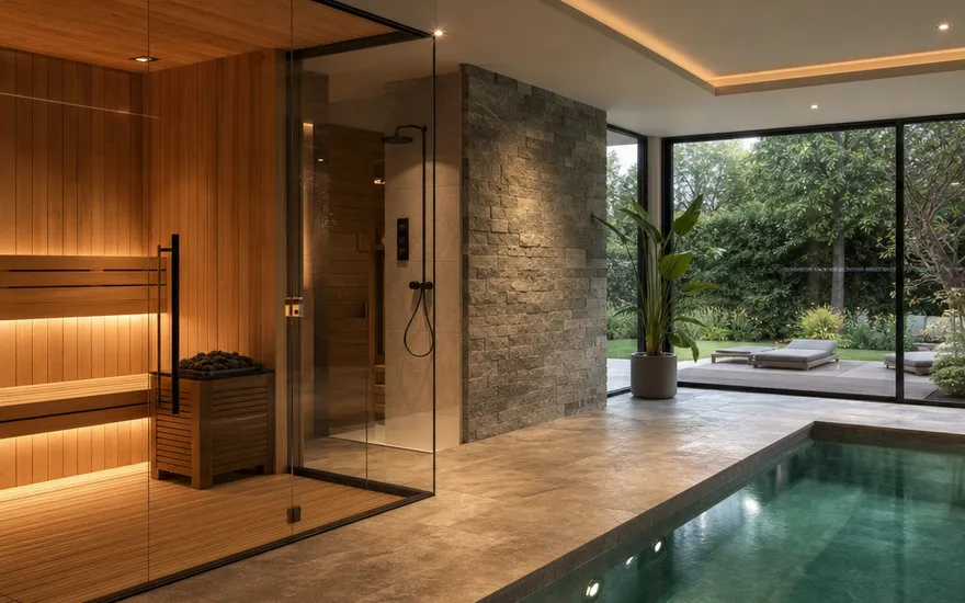 Home-Spa im Luxus-Fertighaus: Pool und Sauna Privater Wellnessbereich im Luxus-Fertighaus: Indoor-Pool und Sauna mit Glaswand und Blick in den Garten