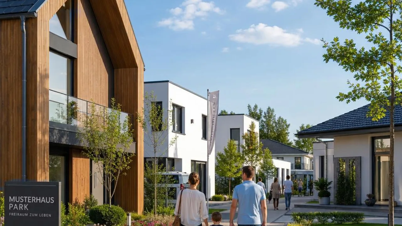 Musterhauspark mit modernen Musterhäusern zum Besichtigen: Fertighaus mit Holzfassade, Stadtvilla und Bungalow entlang eines Besucherwegs bei Sonnenschein