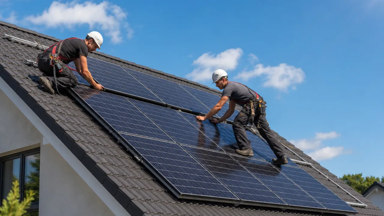 Photovoltaik-Montage durch einen Fachbetrieb 2026 Fachkräfte bringen Photovoltaik-Module auf dem Dach eines Einfamilienhauses an – Solaranlagen-Einbau durch den Fachbetrieb 2026