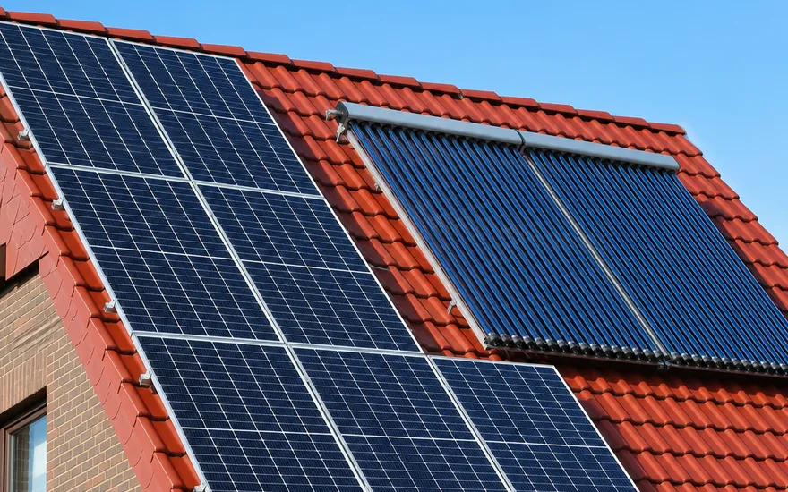 Photovoltaik und Solarthermie gemeinsam auf einem Dach Photovoltaik-Module und Solarthermie-Kollektoren zusammen auf einem Ziegeldach – Strom und Wärme aus Sonnenenergie