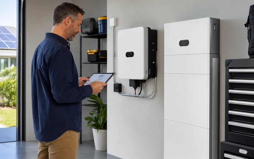 Photovoltaik mit Stromspeicher im eigenen Haus PV-Anlage mit Speicher: Stromspeicher und Wechselrichter im Hauswirtschaftsraum, während ein Hausbesitzer den Solarertrag per App kontrolliert