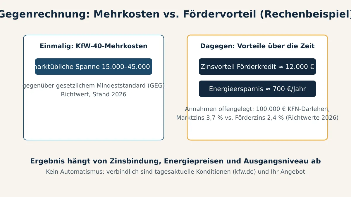 Schemazeichnung der KfW-40-Mehrkosten-Gegenrechnung mit Spanne, Förderkredit-Zinsvorteil und Energieersparnis