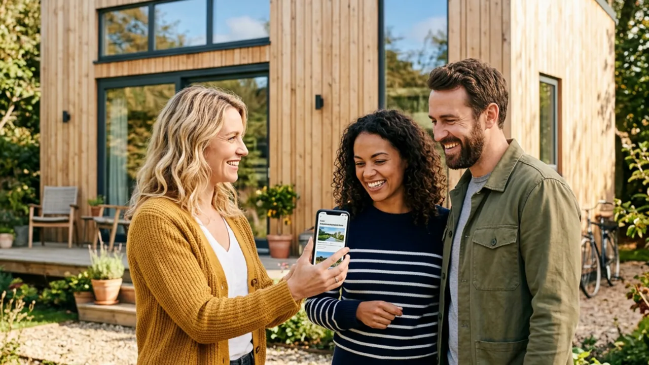 Tippgeberin empfiehlt einem Paar per Smartphone das Fertighaus-Portal – Tippgeber-Provision durch persönliche Empfehlung verdienen