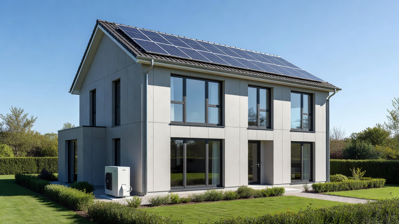 KfW 40 Förderung als Ersterwerber nutzen: Modernes energieeffizientes Einfamilienhaus mit Photovoltaikdach und hoher Dämmung bei der Bauplanung