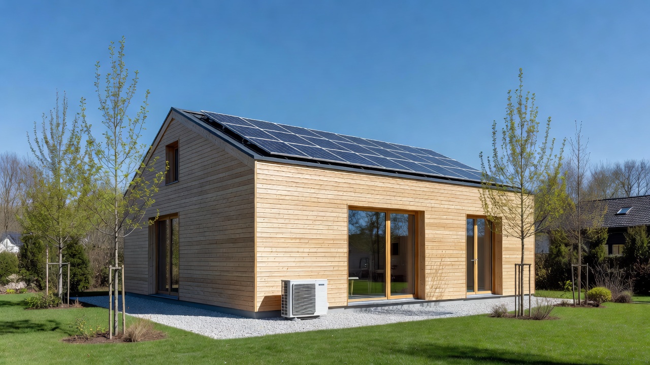 Wärmepumpe und EH40 EE: erneuerbarer Anteil im Neubau mit moderner Außeneinheit vor einem energieeffizienten Fertighaus